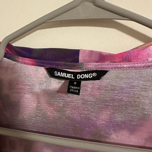 Samuel Dong ruffle zipper front abstract watercolor pink purple midi dress S - Picture 2 of 7